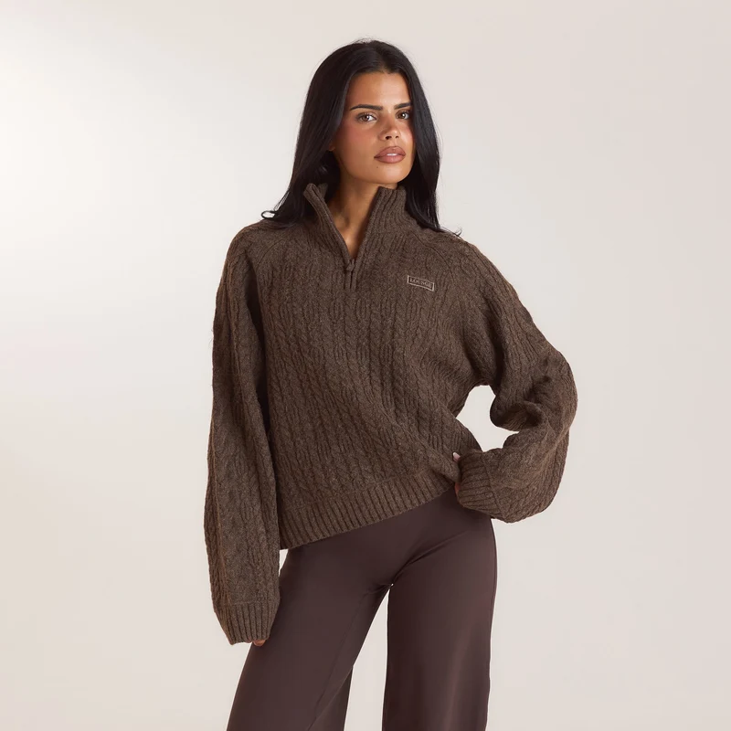 Strickpullover mit Viertelreißverschluss - Taupe