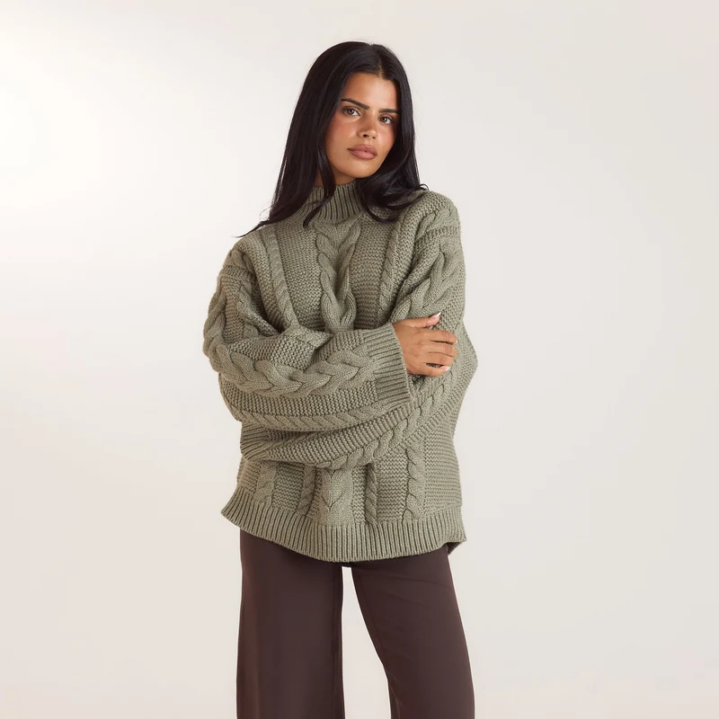 Oversized-Strickpullover mit Zopfmuster - Olivgrün
