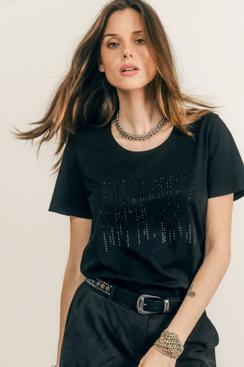Tee-shirt noir message strassé rock