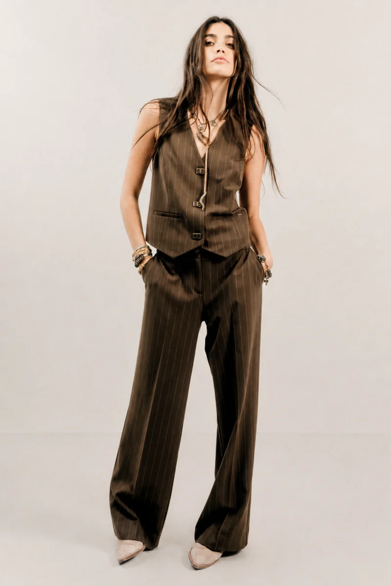 Pantalon tailleur rayé bronze