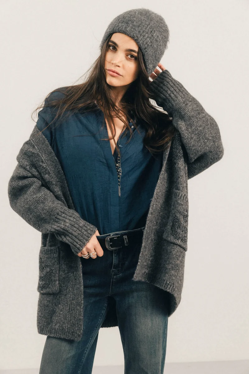 Gilet long gris chiné jacquard lurex