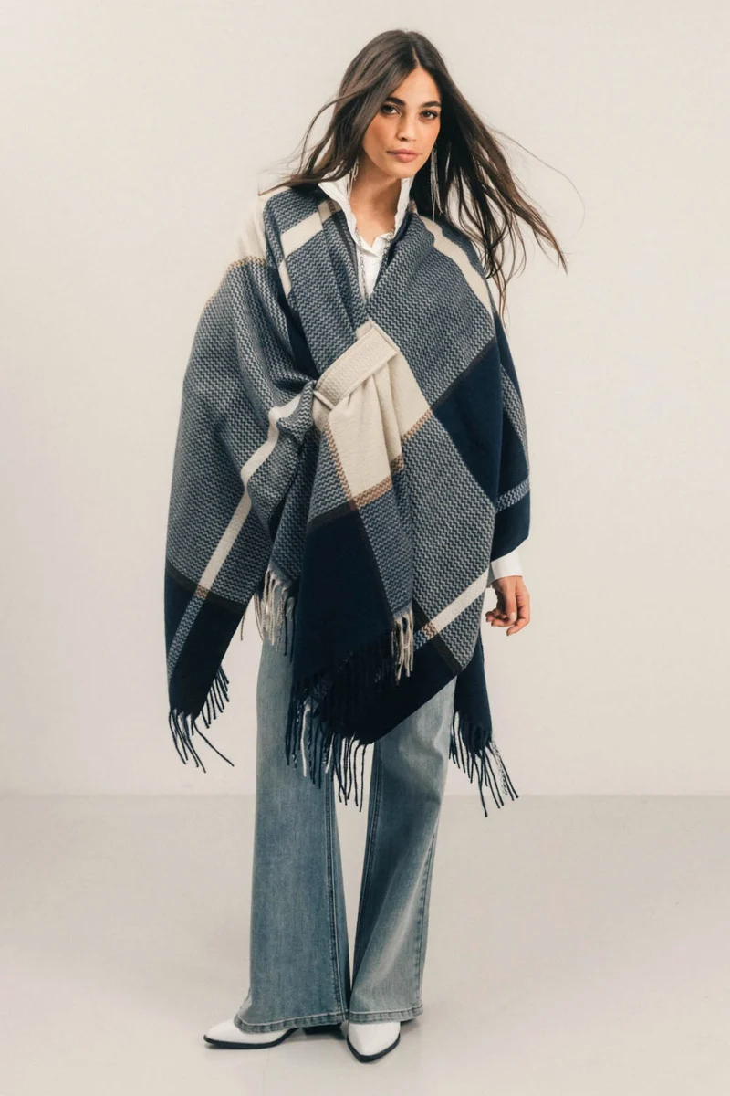 Poncho carreaux bleu