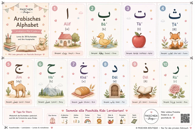 Arabisches Alphabet – Lernkarten für Kinder (PDF zum Ausdrucken)