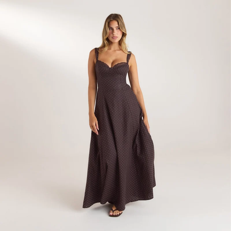 Maxikleid mit Spitzenbesatz - Schokolade mit Punkten