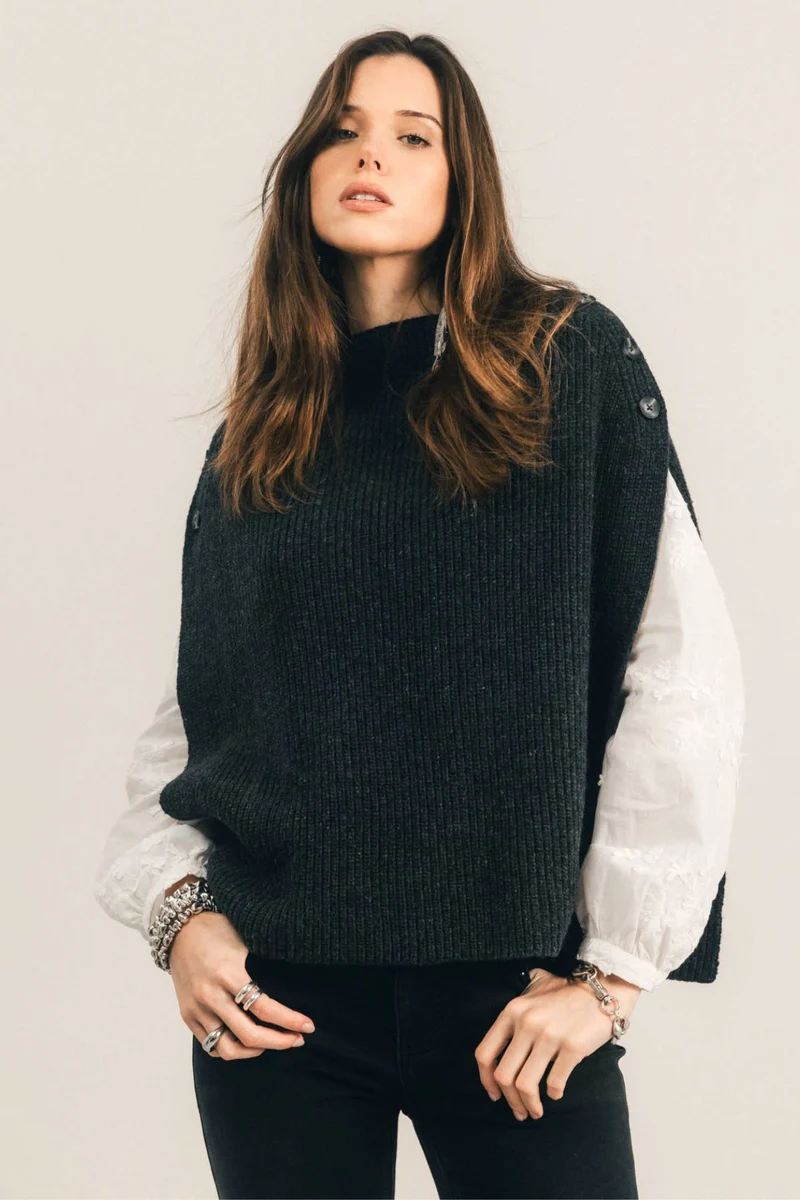 Poncho gris chiné côtelé