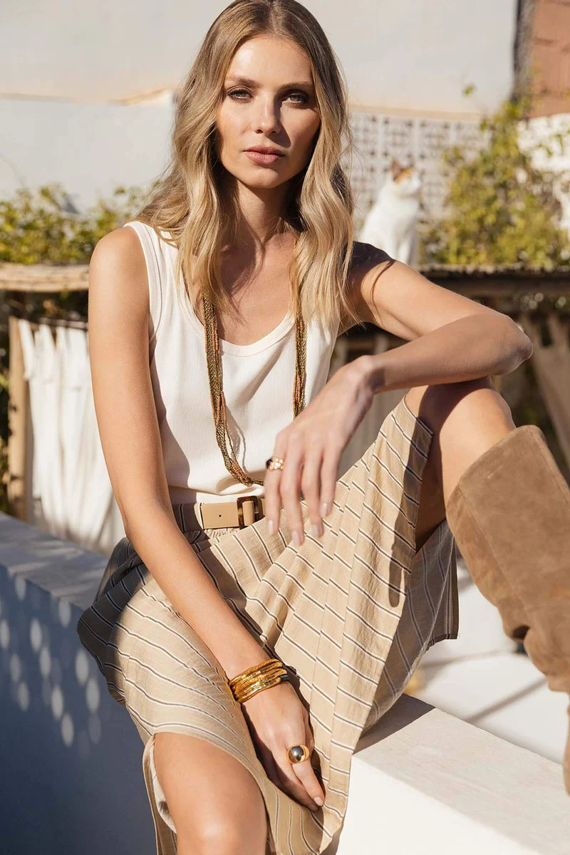 Robe midi rayée beige choco ceinturée