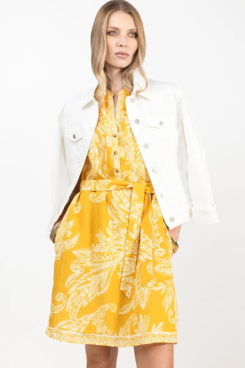 Robe imprimée jaune épaulée ceinturée