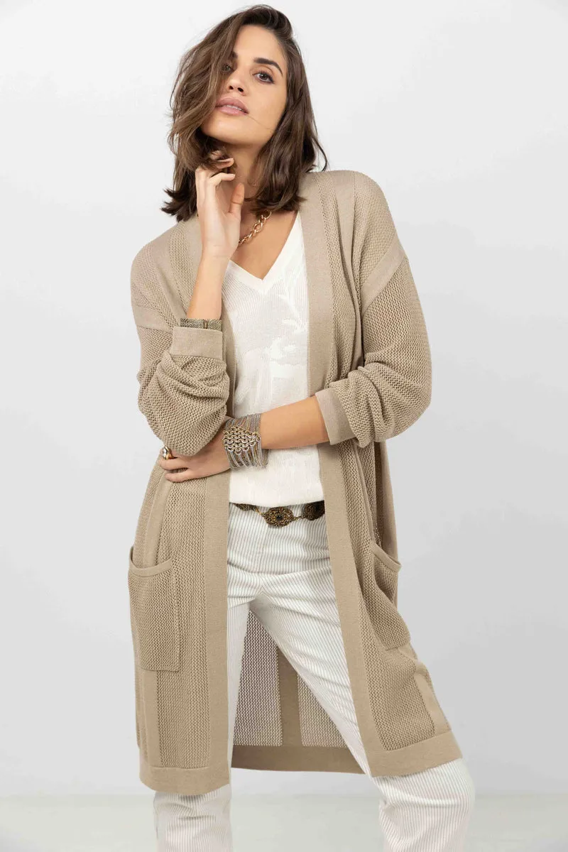 Gilet long taupe maille filet gipsy
