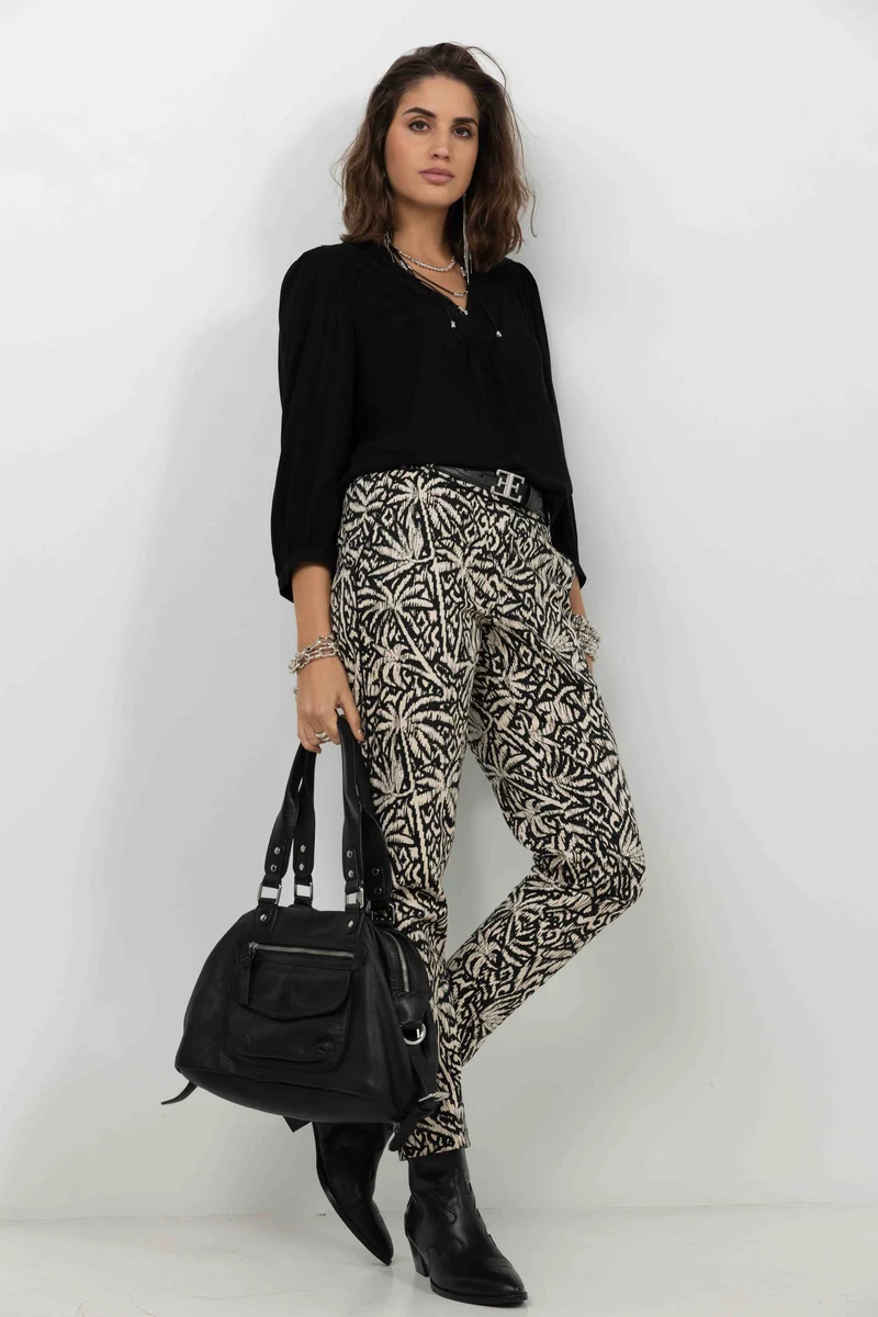 Pantalon imprimé graphique écru noir