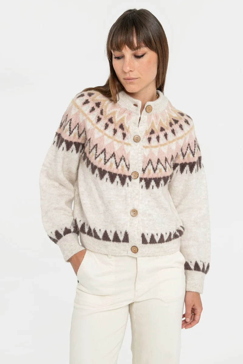 Gilet inspiration norvégienne beige et rose