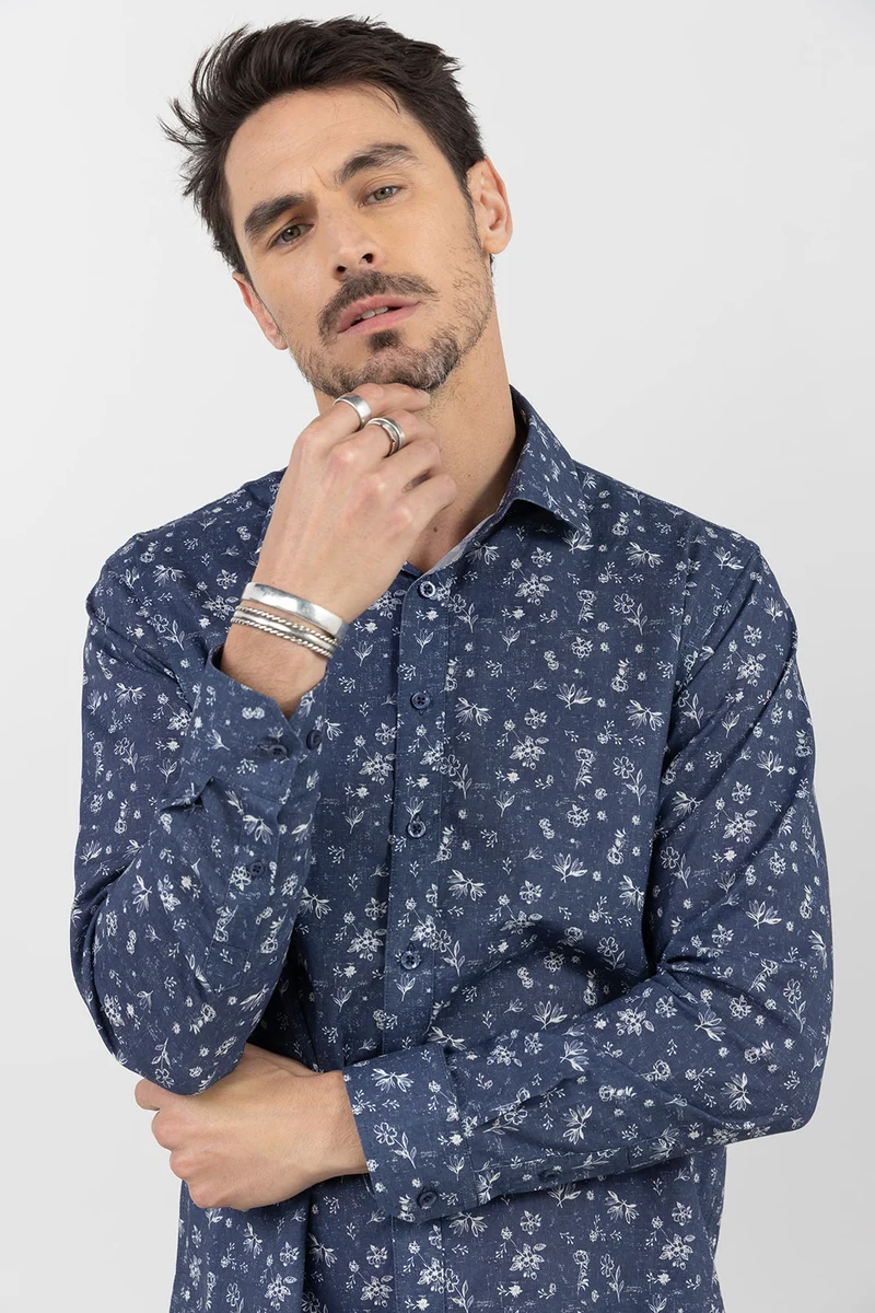 Chemise bleue imprimé fleuri