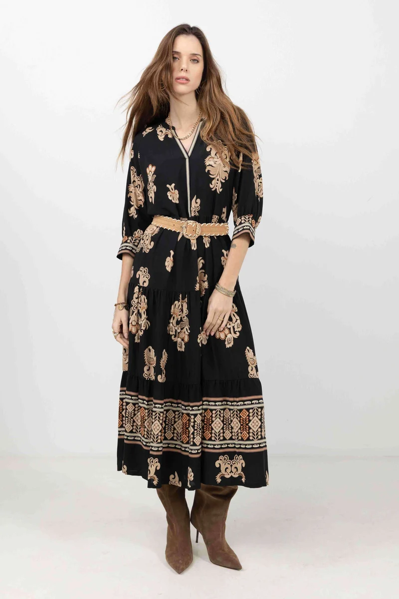 Robe longue bohème imprimé noir beige