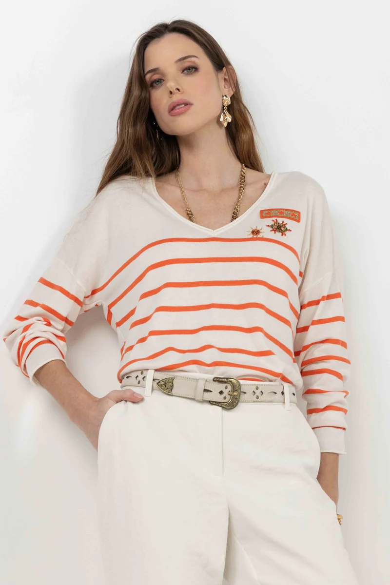 Pull marinière écru orange brodé