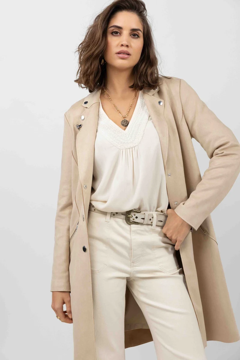 Manteau beige suédé rock chic