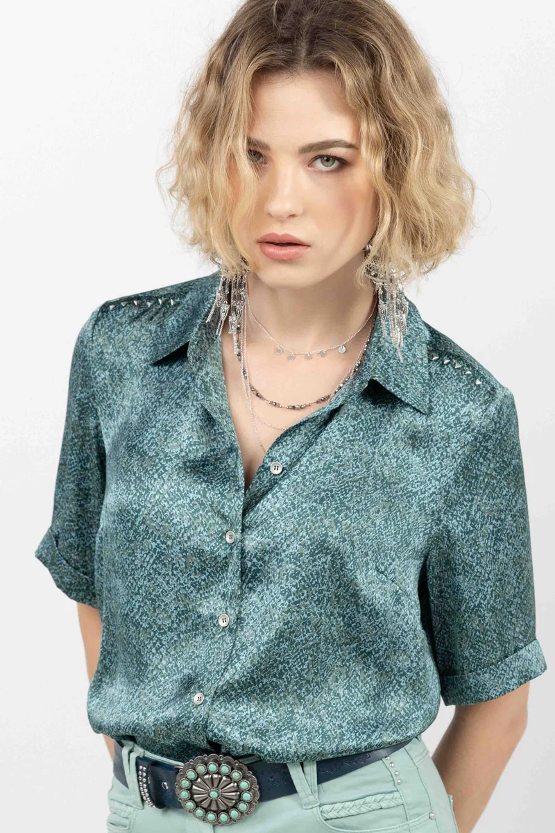 Chemise satin imprimé bleu
