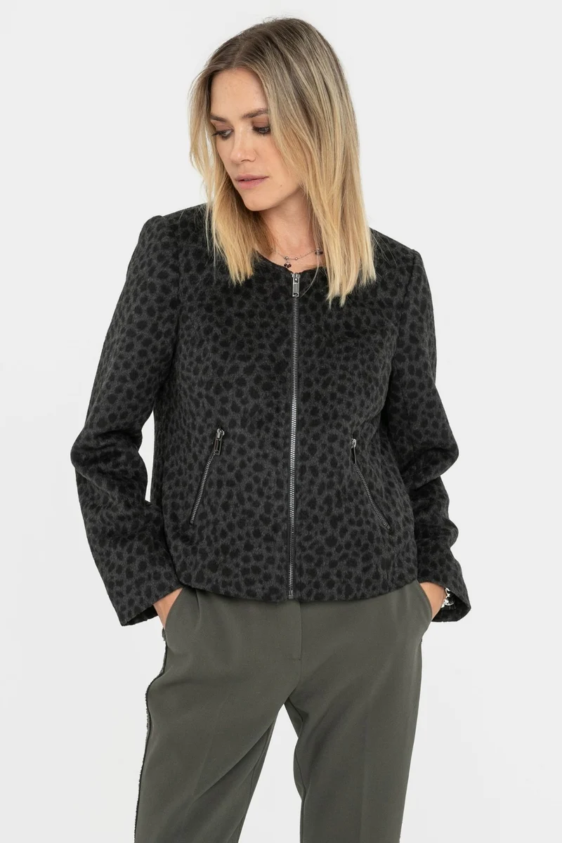 Veste inspiration couture imprimé léopard noir et gris