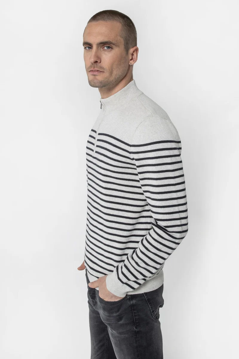 Pull col camionneur rayé gris et navy