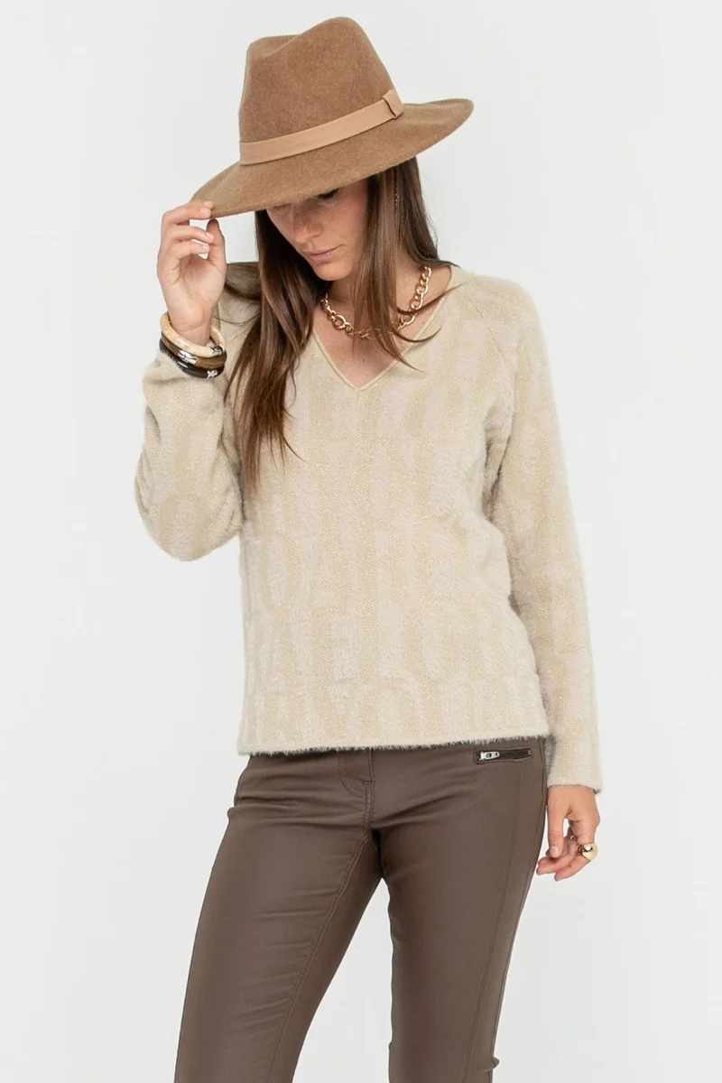 Pull à message écru et doré
