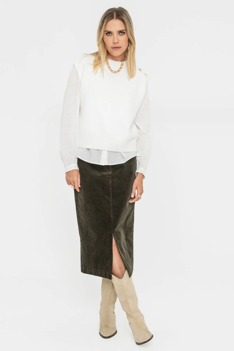 Jupe midi en velours kaki