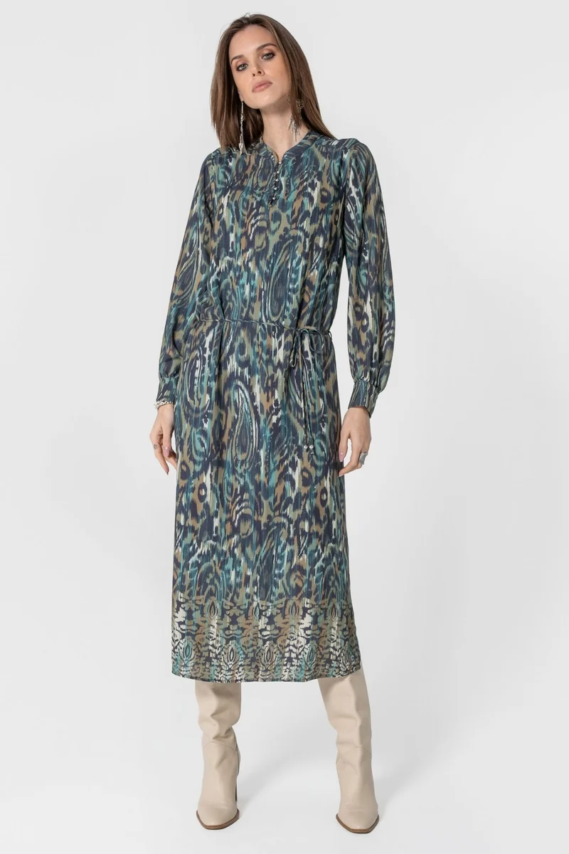 Robe longue imprimé Ikat bleu et kaki