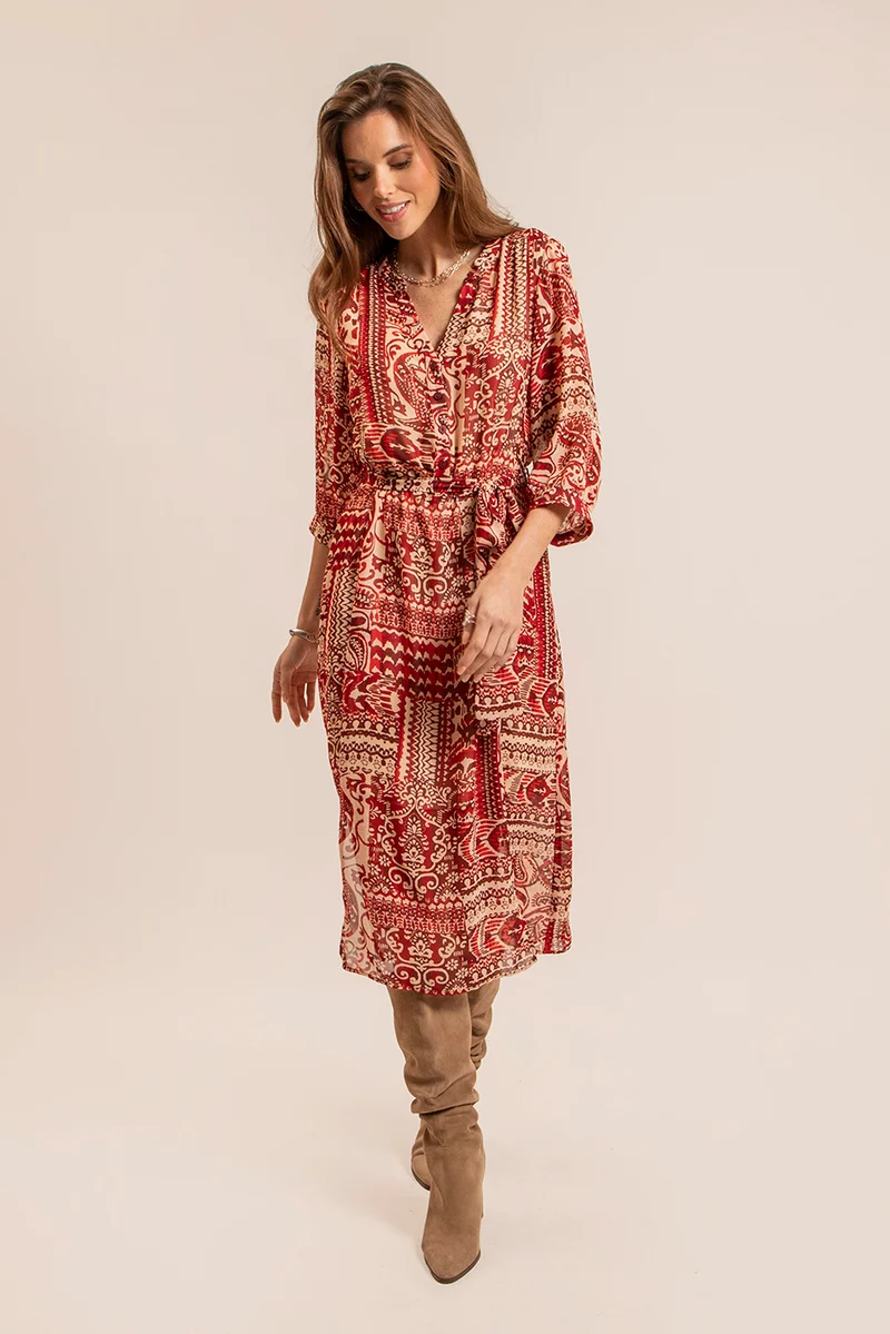 Robe longue imprimé rouge et beige
