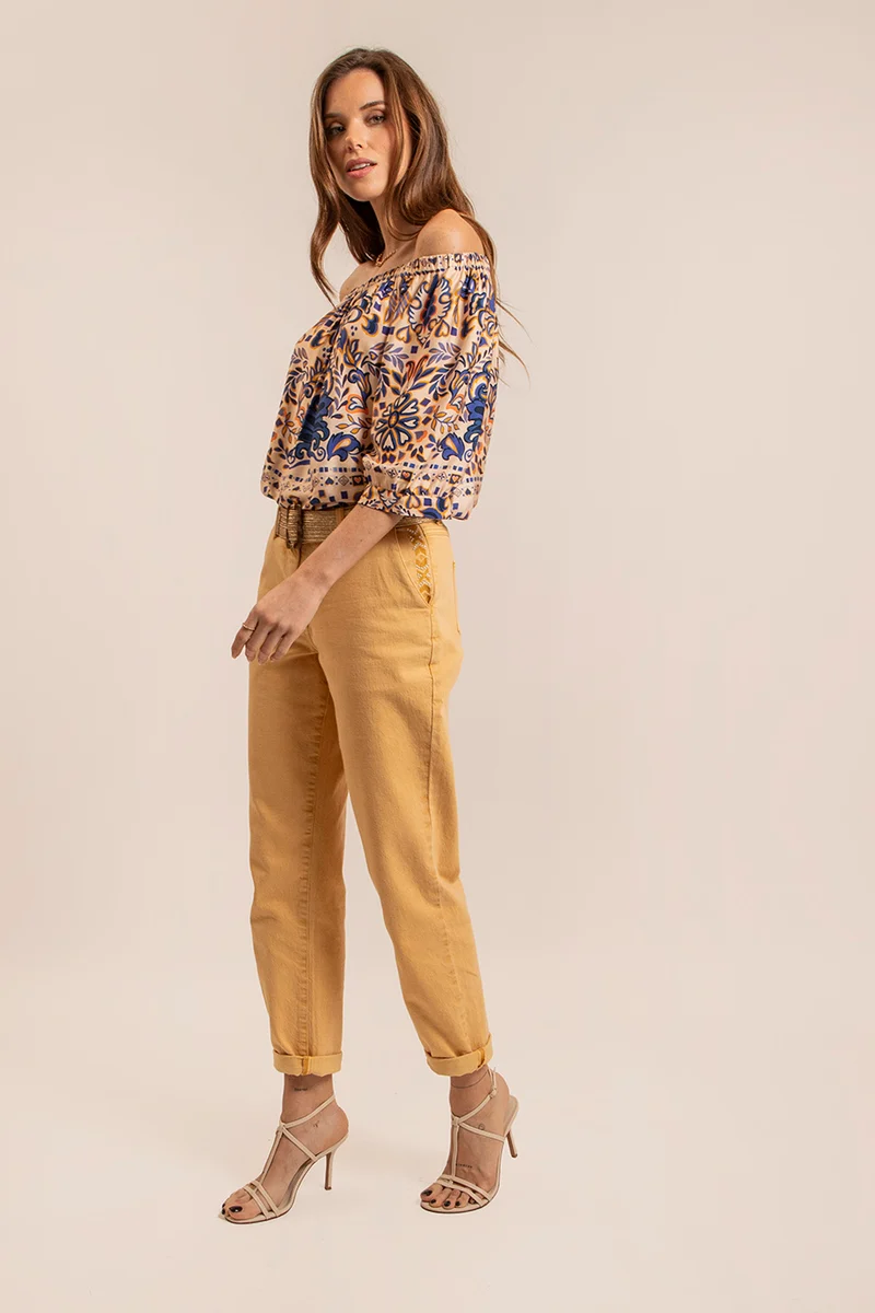 Pantalon large coloris paille