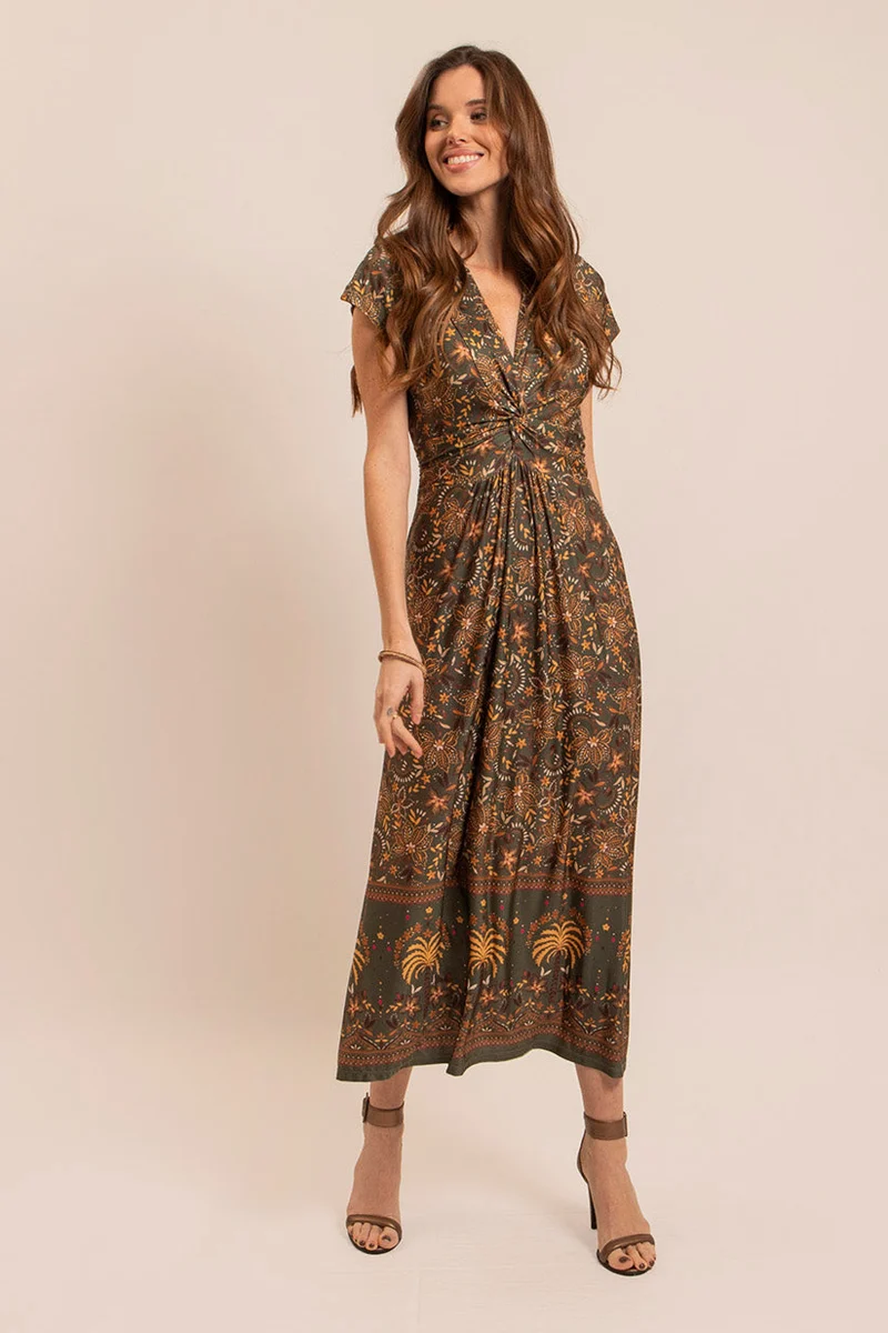 Robe longue infroissable kaki et ocre