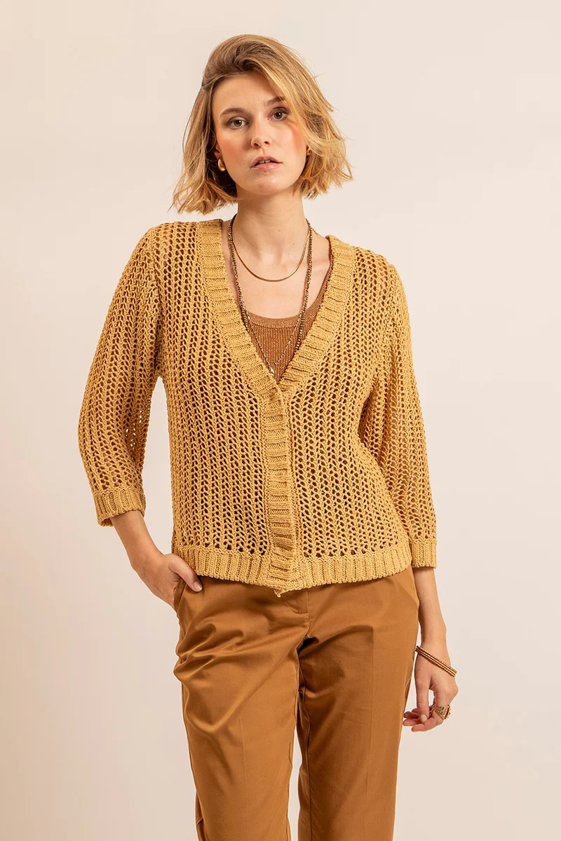 Gilet maille filet ocre
