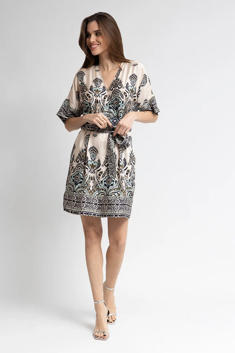 Robe kimono imprimé écru kaki et bleu