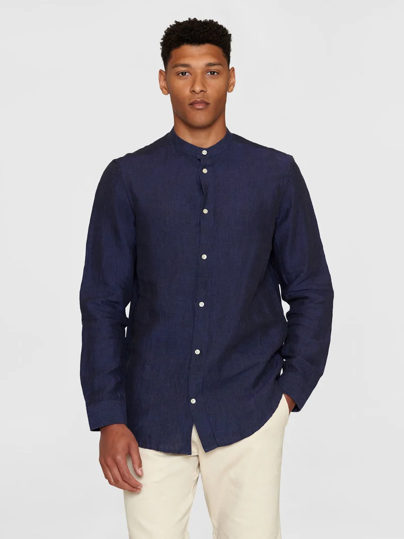 Custom Fit Pure Linen Stand Collar Shirt yarndyed - total eclipse