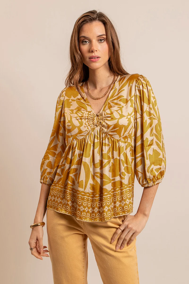 Blouse imprimé écru et ocre