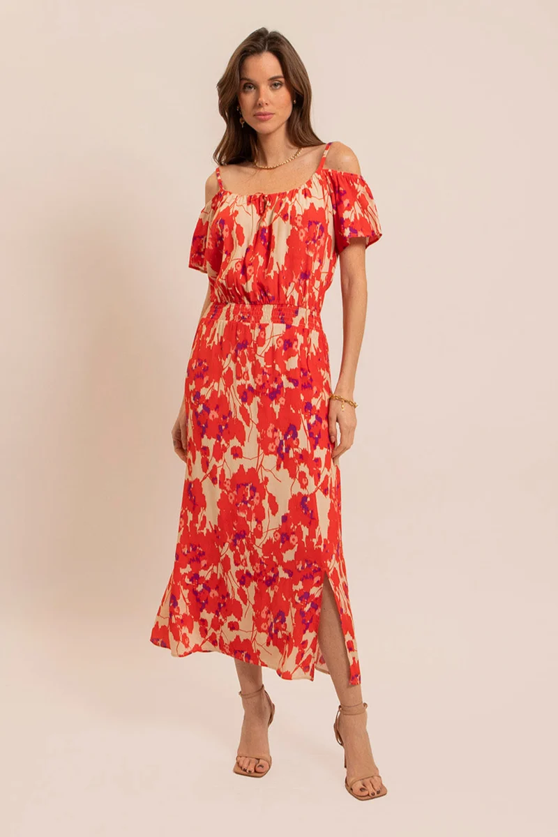 Robe longue fluide rouge et rose