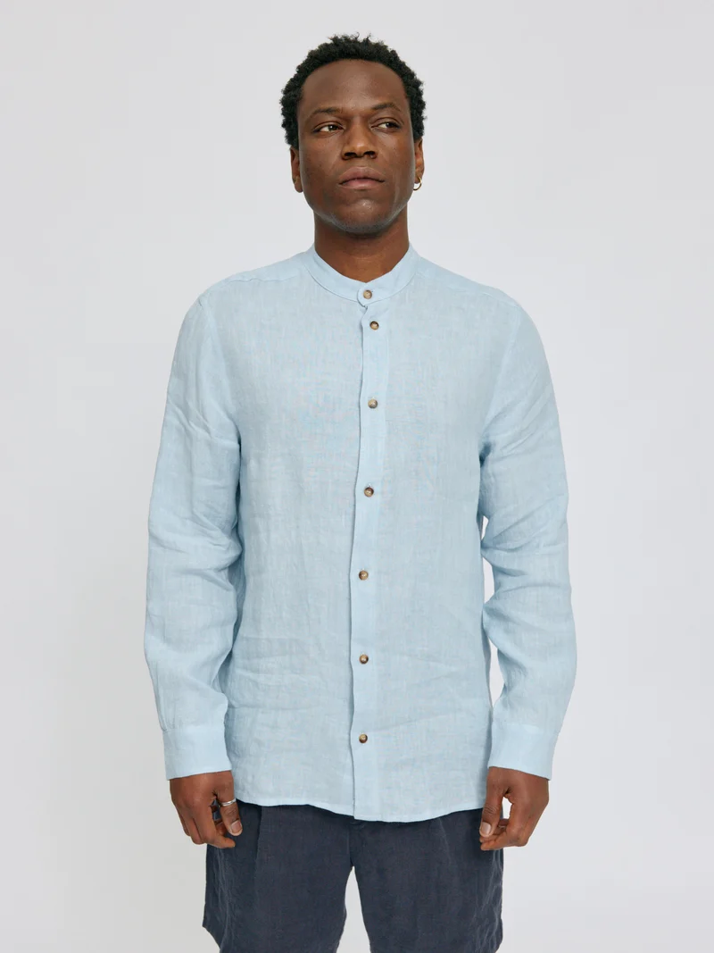 Stand Collar Linen Shirt pastel blue