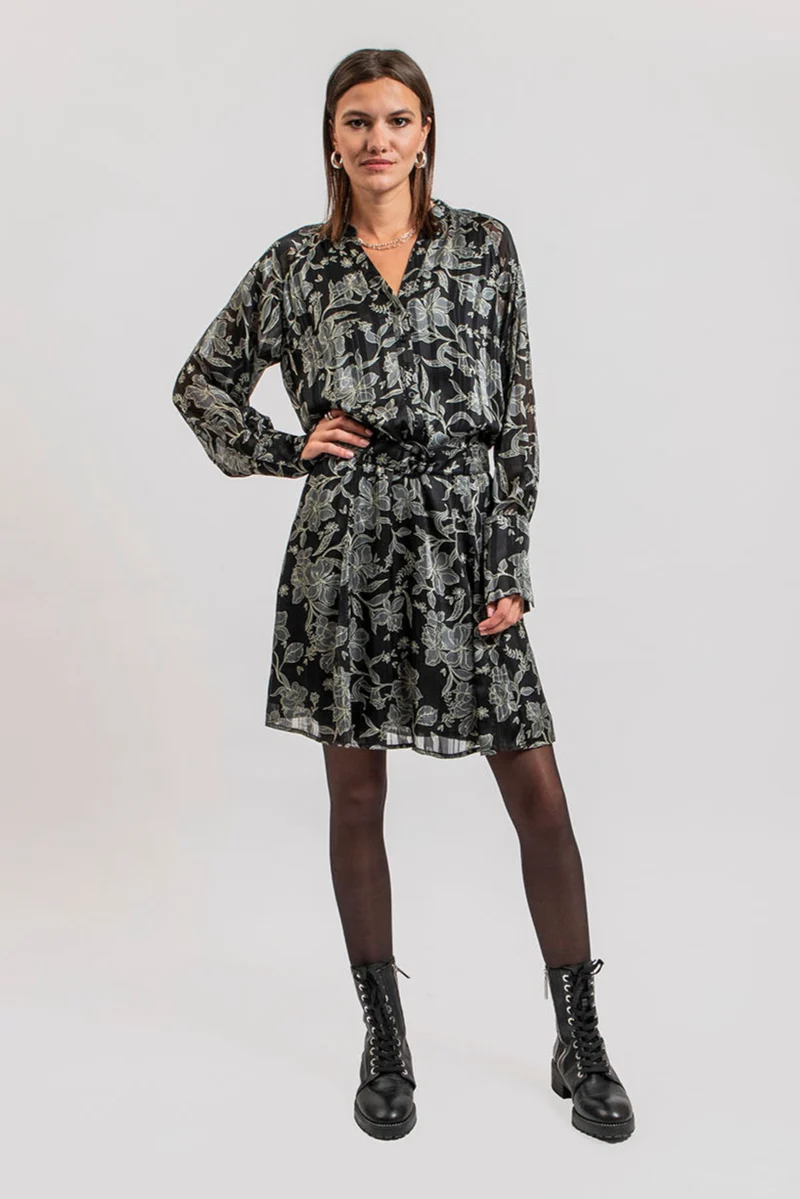 Robe courte imprimé fleurs noir et kaki