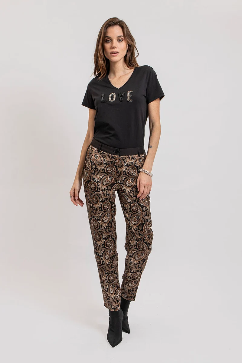 Pantalon imprimé baroque noir et beige