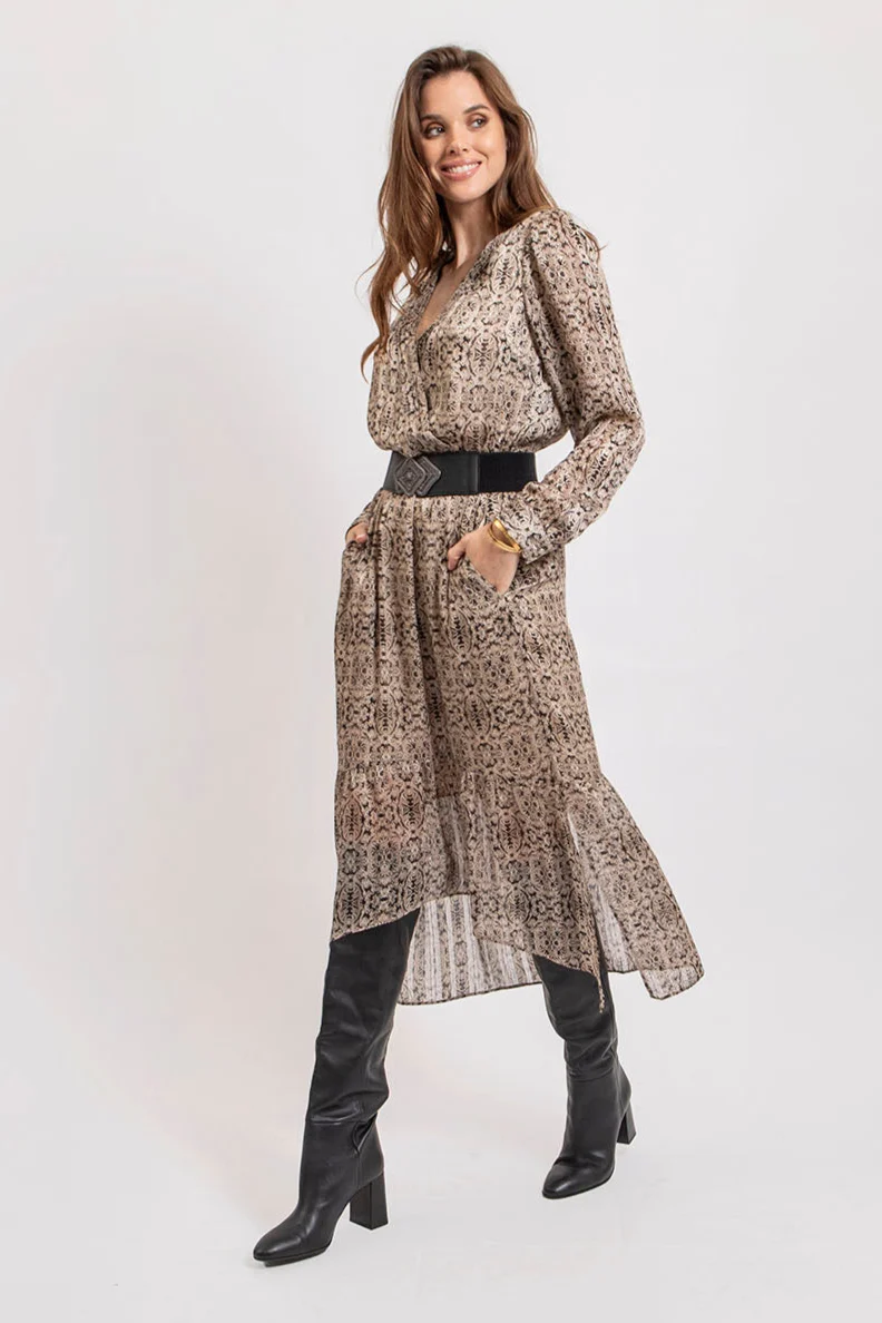 Robe longue imprimé beige et noir