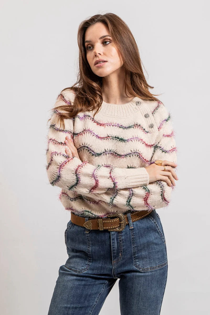 Pull rayé écru et rose