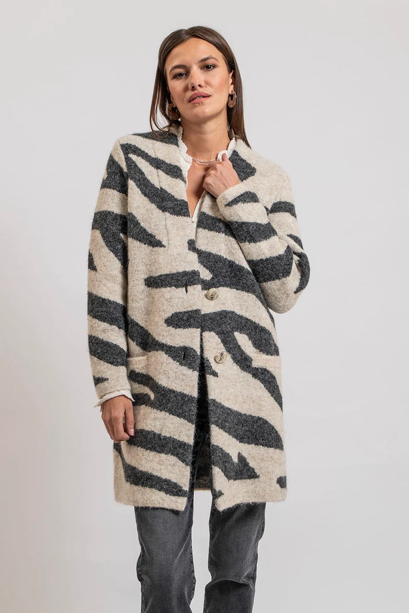 Gilet long imprimé zébré écru et gris