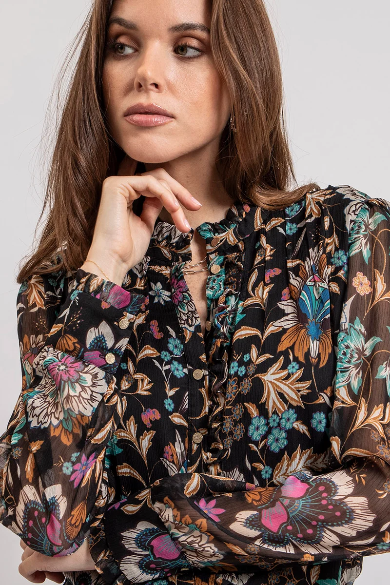 Blouse imprimé floral vert et orchidee