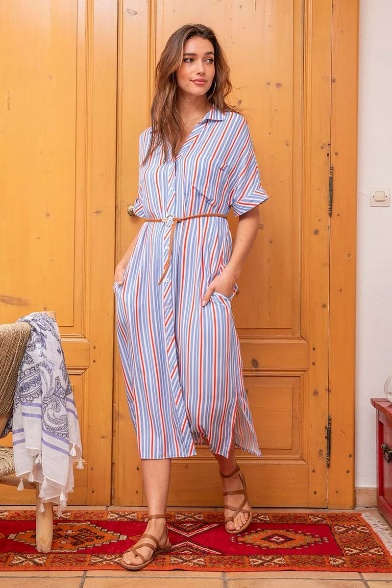 Robe chemise rayée bleu et orange