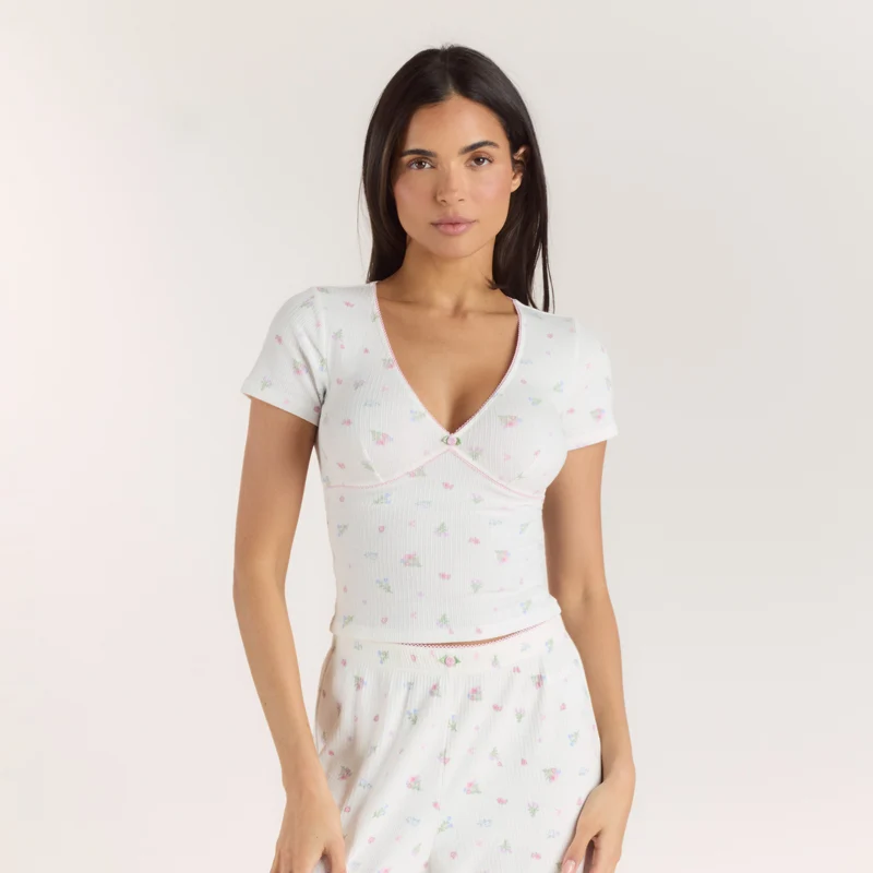 Gerippter, Kurzärmeliger Pyjama Top - Florales Weiß