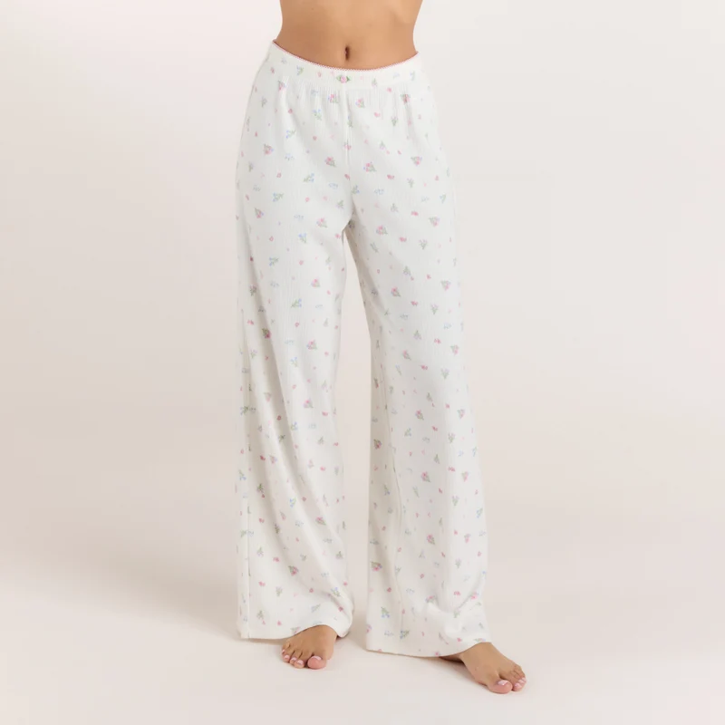 Gerippte Pyjamahosen - Florales Weiß