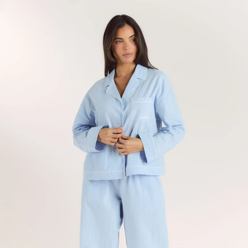 Texturiertes Pyjamahemd aus Baumwoll - Blau