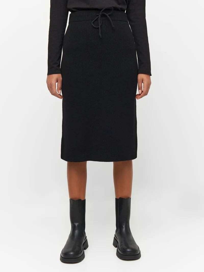 Wool Mid Length Rib Knit Skirt black jet
