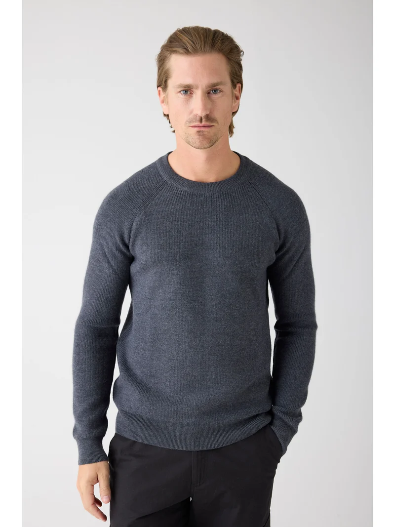O-Neck Merino Wool Rib Knit dark grey melange