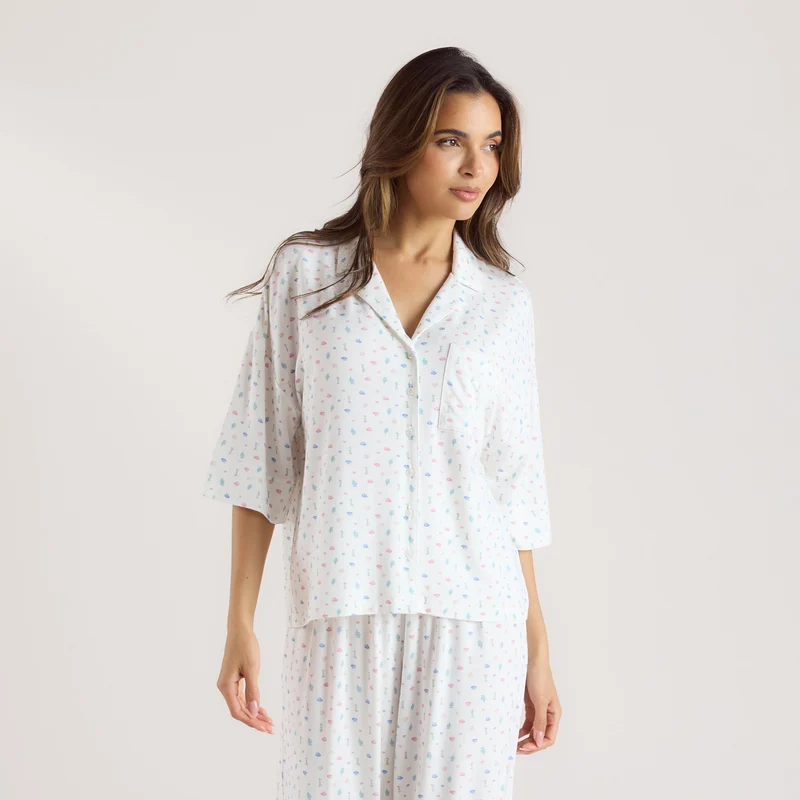 Modal Pyjama-Shirt mit kurzen Ärmeln - Florales Weiß