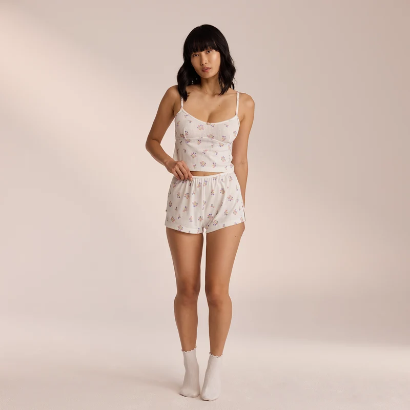 Pointelle Pyjamashorts - Florales Weiß